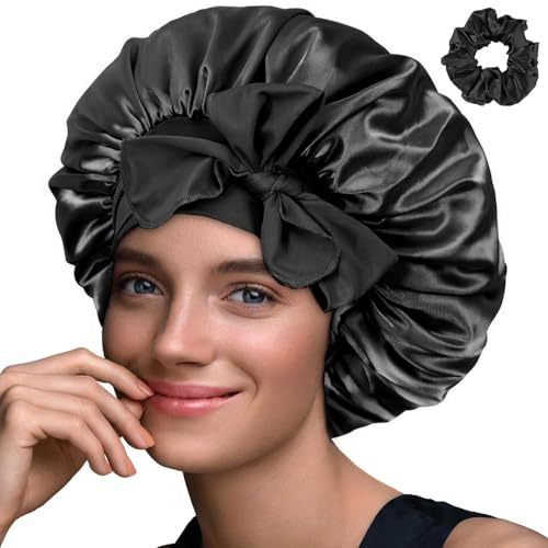 Haquno 1 Stück Schlafmütze Satin Bonnet Nacht Schlaf Mütze Verstellbare Schlafkappe Kopfbedeckung Weiche Kopfhaube Schlafhaube Seide mit Gummizug für Damen und Mädchen(Schwarz)…
