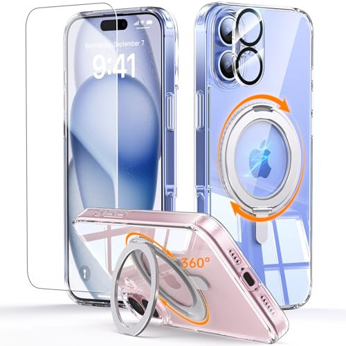 JUESHITUO for iPhone 16 Case: [Non-Yellowing] 360° Spin Magnetic Stand, Full Camera Protection, Fit for MagSafe, 16FT Military Grade Shockproof Protective Phone Cover with Kickstand Ring Holder, Clear