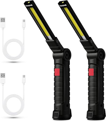 2pcs Lampes de Travail LED Rechargeables, COB Baladeuse LED lampe torche, Lampe Portable Avec Base Magnétique Et Crochet De Suspension 5 Modes Pour Garage, Camping, d'urgence, etc (Noir)