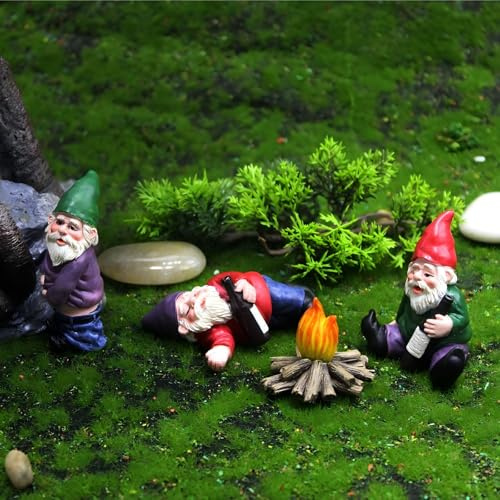 Set of 4 Mini Garden Gnomes with Campfire - 3 Drunk Gnome Figurines and 1 Campfire for Fairy Garden Decor, Plant Pot Decorations, Dashboard Ornaments, and Outdoor Spaces