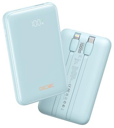 QECVEC Portable Charger 10000mAh, Cell Phone Portable Power Banks with 22.5W PD Fast Charging, Compact Phone Charger Built in Cable, Compatible with Apple, Samsung, Google, Motorola and More (Blue)