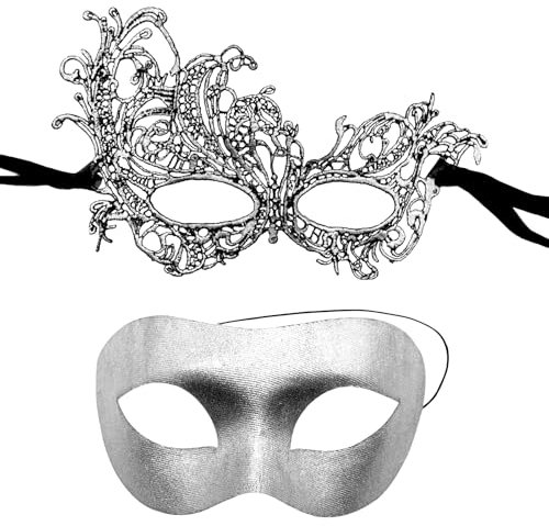 Cosysparks Venezianische maske paar, 2-Pack Silber/Gold maskerade maske venezianisch Paare Klassisch maskenball masken für Paare Halloween Cosplay Karnevalsmasken für Männer Frauen (Silber)