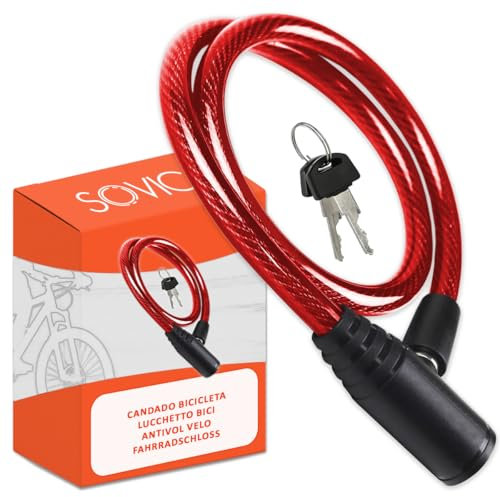 Lucchetto bici cavo in acciaio resistente 60 cm chiusura avanzata con chiave sicuro robusto pratico facile da riporre antifurto bici rosso