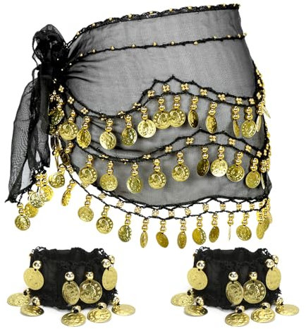 Meleager Bauchtanz Hüfttuch, Bauchtanz Kostüm Damen, Bauchtanz Rock mit 128-Gold Münzen, Chiffon Bauchtanzgürtel mit Armbändern, Orientalisches Kostüm Damen für Mottoparty, Carnival(Schwarz)