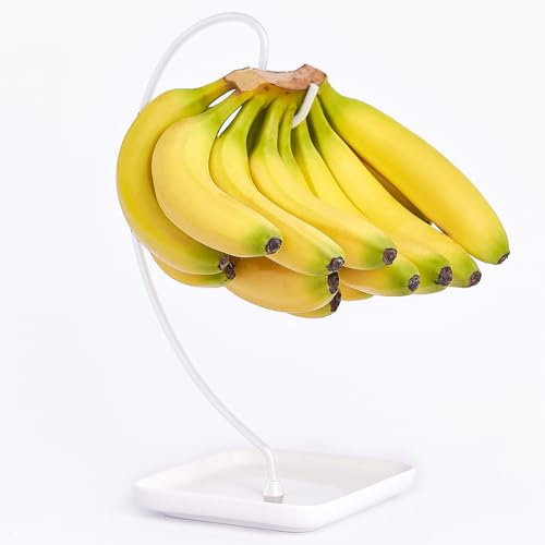 VROOMIUM Banana Holder Stand with Ceramic Bowl - Holds Up to 5 Pounds Bananas, Hassle-free Cleaning, Stylish and Chic Design Banana Rack, White