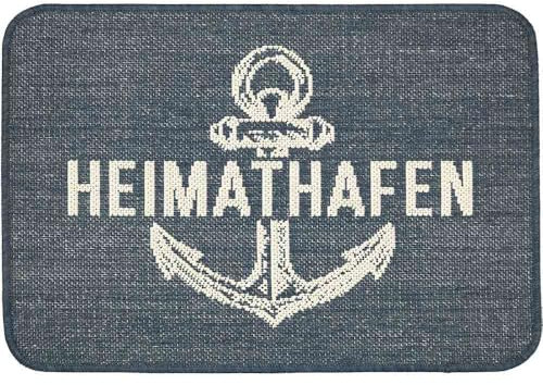 Knutzen Wohnen Fußmatte Heimathafen 40x60 cm Blau - Fußmatte Maritim - rutschfest und waschbar - Fußwärmende Designmatte - Sisaloptik - Ideale Schmutzfangmatte für die Küche und Eingangsbereich