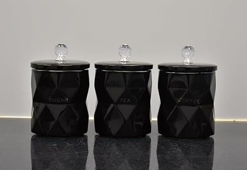 Biznest Set Of 3 Marble Design Coffee Tea Sugar Canisters Container Kitchen Jar Pots Crystal Best For Gift Home Decor (BLACKY)