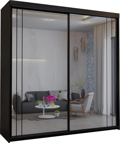 SLIDING WARDROBE 4U Seelma Storage Full Mirror Sliding Door Wardrobe – Unique Style, 4 Colors & 2 Sizes to Suit Any Space (Black, 203cm)