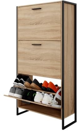 CASABEL Meuble A Chaussure Industriel 18 Paires - Armoire À Chaussures Rangement Entrée Grande Capacité - Gain de Place Entrée Couloir - Portes et Cadre Bois Clair - Entreprise Française
