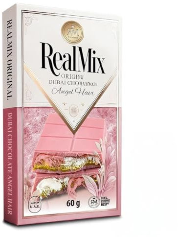 REALMIX Cioccolato Rosa direttamente da Dubai UAE | Vero cioccolato di Dubai aromatizzato al lampone con ripieno di zucchero filato, pistacchi e kadaïf | Prodotto a Dubai E.A.U.