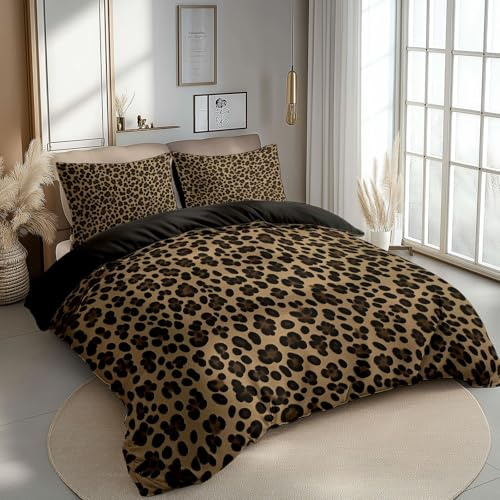 CozyRest Bettwäsche 200 x 200 cm Bettbezug Set 3 Teilig mit 2 Kissenbezügen, Muster Leopard Gepard Braun Wende Bettwäsche für Teenager Kinder, aus Weiche Mikrofaser mit Reißverschluss