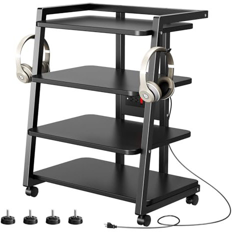 CABTE Mobile AV Media Stand con prese e 4 ruote girevoli, supporto TV a 4 livelli per console di gioco, stereo, lettore DVD, robusto telaio in metallo, versatile soggiorno, camera da letto (nero)