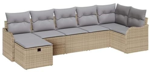 vidaXL 7-teiliges modulares Outdoor-Sofa-Set mit Kissen in Beige und Hellgrau aus Poly-Rattan | Bequeme, wetterfeste Sitzgelegenheit mit verstellbaren Füßen für Garten, Balkon und Terrasse