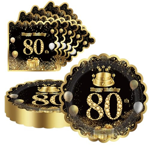 LDFDRT 9 Inch 80th Birthday Party Plates and Napkins 40PCS Black and Gold Happy Birthday Plates and Napkins Cake Dessert Tableware Set for 20 Guests