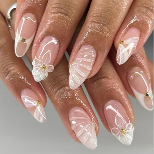 Auroriel 24 Stück Mandel Press On Nägel Mittel Weiß French Tip mit 3D Muschelblumen Gold Strass Wiederverwendbar Acryl Vollcover Künstliche Nägel Cute Ribbon Stick on Nails Sommer Maniküre