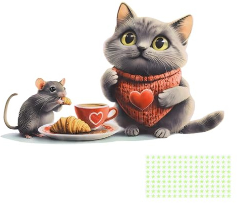 KQDRAVINE Wandtattoo Küche Selbstklebend, Maus und Katze Kaffee Wandtattoo Küche mit 144 Grüne, im Dunkeln leuchtende Sterne, Wandaufkleber Kaffeepause für Wohnzimmer, Esszimmer, Cafe Wandsticker