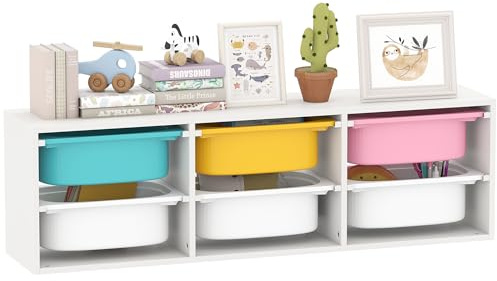 AIYAPLAY Kids Toy Storage Unit with 6 Removable Plastic Bins, Low Height 2 Tiers Toys Shelf Storage Organiser Sorting Books, for Boys, Girls, Bedroom, Nursery, Playroom