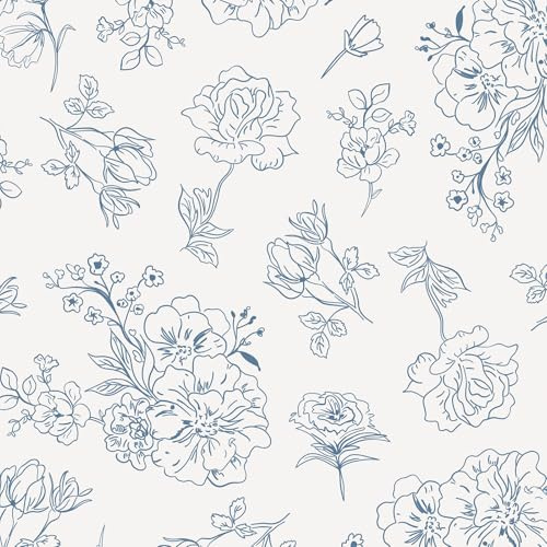 Yomshi Papier peint autocollant blanc et bleu - Papier peint vinyle vintage à motifs floraux pour meubles - 44 cm x 300 cm - DIY - Adhésif pour meuble, salle de bain, salon - Imperméable, décollable