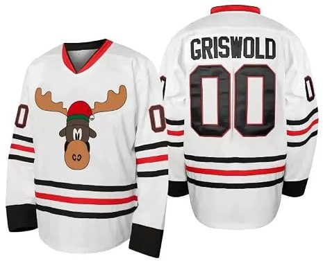 EATAN #00 Clark Griswold X-Mas Christmas Vacation Movie Herren Hockeytrikot weiß genäht Camping (Sans Batterie) Chaude, schwarz / weiß, S Tall
