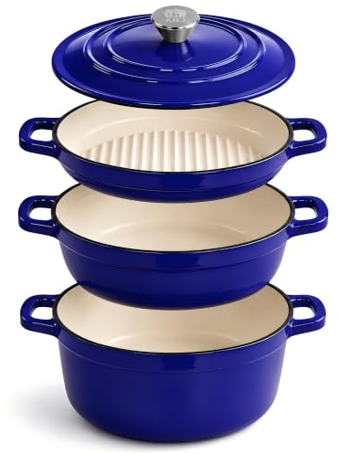 AHJ Gusseisen Topfset Emailliert, 4-teilig Dutch Oven,Induktion, 25cm, Blau | 4,5 L Brotbacktopf, 2,5 L Bräter & 1,2 L Grillpfanne, stapelbar, Induktion, bis 260 °C, Rezept & Pflegeheft