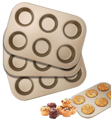 Tidetake 3 Pack Muffin Trays 18.5x26.5x3cm Muffin Tin Nonstick 6 Cup Carbon Steel Durable Cupcake Tray for Oven Baking Perfect for Quiche, Yorkshire Pudding, Muffins, Easy Clean Non-Stick Coating