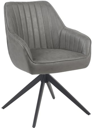B&D home Esszimmerstuhl ARVIT – drehbar mit Armlehnen, 360° Funktion, Lederoptik Grau, Kaltschaumpolsterung, schwarzes Metallgestell, Designstuhl für Esszimmer, Büro & Küche