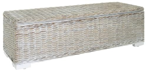 PHGTYUK Truhe Weiß 110 cm Natur Kubu Rattan & Massivholz Mahagoni Aufbewahrungsbank mit Sitzfläche und Stauraum für Wohnzimmer Schlafzimmer Flur