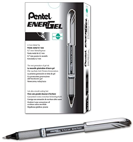 Pentel EnerGel NV Liquid Gel Pen, 0.7mm, Medium Line Capped, Metal Tip, Black Ink, Box of 12 (BL27-A)