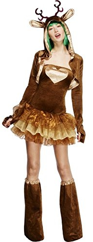 Smiffys Fever Kollektion, Rentier Damenkostüm, Tutu-Kleid mit Strapsen, Jacke & Überstiefel Halloween