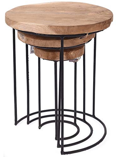 EMAKO Beistelltisch 3er Set klein deko rund holz Holztisch Balkontisch stapelbar Tisch Gartentisch Kaffeetisch Esstisch aus natürlichem Teakholz