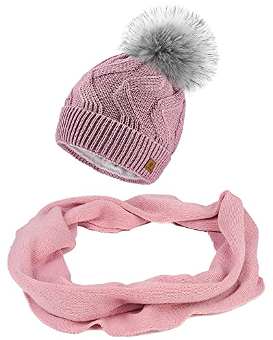 MFAZ Morefaz Ltd Set Mütze & Schal Damen Winter Beanie Strickmütze Zickzack Wurm Fleece Bommel Pom Pom (Rose Pink Set Mütze & Schal)