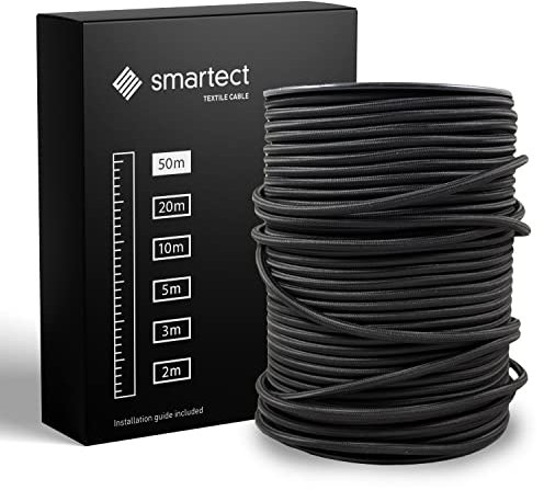 smartect Cavo Elettrico Tessile Nero, 50 Metri Filo Elettrico Vintage, Tripolare (3 x 0.75mm²) Cavo Elettrico Rivestito in Tessuto per Fai da Te