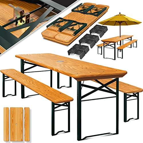KESSER® Bierzeltgarnitur 3 teilig Gartenmöbel-Set | Klappbar 170 x 46 x 75cm | 2X Bierbänke 1x Biertisch | Festzeltgarnitur Biertisch Stehtisch Sitzgarnitur Holz 12x Bodenschoner