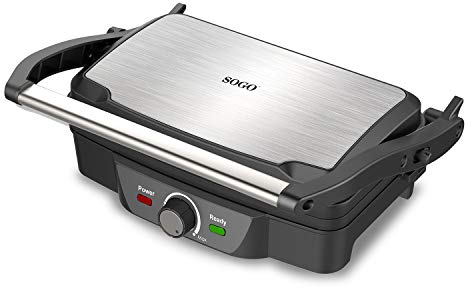 SOGO Parilla electrica, sandwichera y panini grill, placas antiadherentes de piedra 27x15 cm y apertura 180º, regulador de temperatura, 1600 W (SS-7127)