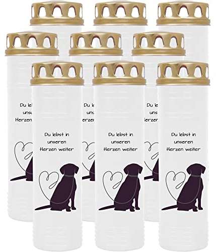 HS Candle Grabkerze Grablicht - 9er Pack mit Motiv (Hund Leine) - ca 100h / 4 Tage Brenndauer je Kerze (25cm, Ø 7cm) - viele versch. Deisgns