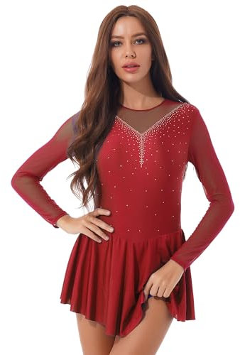 CHICTRY Ballettkleid Damen Langarm Strass Eiskunstlauf Kleid Glitzer Mesh Patchwork Gymnastik Body Cut Out Trikot Wettbewerb Perforance Bekleidung Rot S