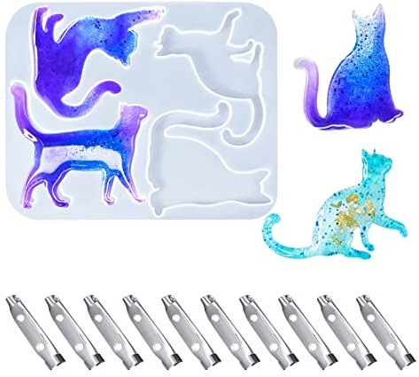DeryArcle Epoxidharz Formen Katze, Silikonform Schmuck Brosches Gießformen Harzform Tier Kristall mit 10 Dornschließe Cat Resin Mold für Herstellung Brosche Halskette Ohrring Anhänger Basteln