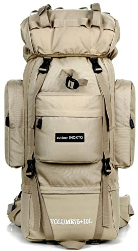 IX INOXTO Leichter Wanderrucksack mit Innenrahmen, 85 l, für Herren und Damen, wasserdichter Reiserucksack mit Regenschutz, Khaki, 85L, Rucksack mit internem Rahmen