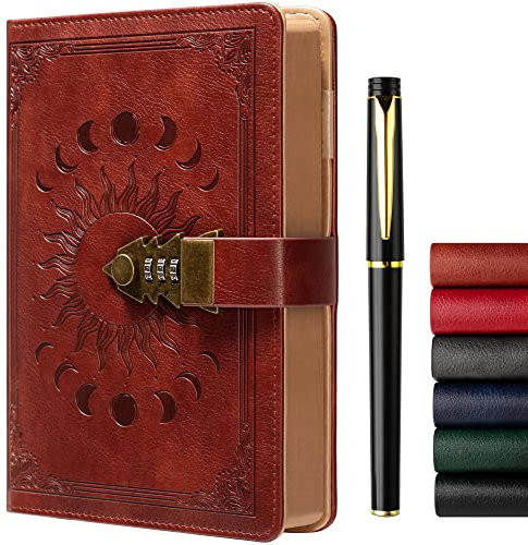ZXHQ Journal intime avec serrure pour femmes hommes, journal secret pour filles, carnet d'écriture en cuir rechargeable, format A5 (8,5 × 5,9 pouces)