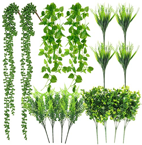 16 Bundles Artificial Hanging Plants Artificial Succulents Fake String of Pearls Fake Ivy Vine Greenery Boxwood Stems Fake Boxwood Shrubs Greenery Shrubs Boston Fern Plants for Indoor Outdoor Decor