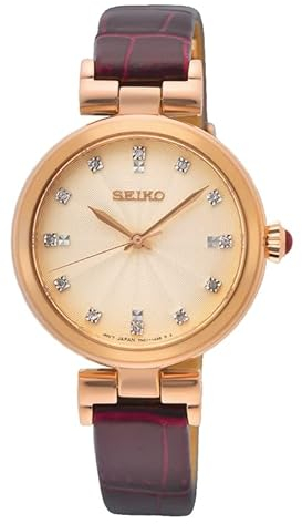 Seiko Damen | roségoldenes Zifferblatt | rotes Lederband SRZ548P1