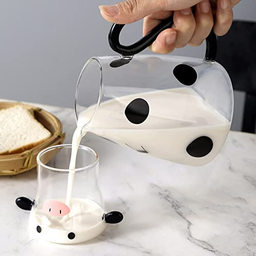 NFNSIG Carafe à eau en forme de vache mignonne avec tasse en verre de 1800 ml avec poignée pour boissons chaudes et froides