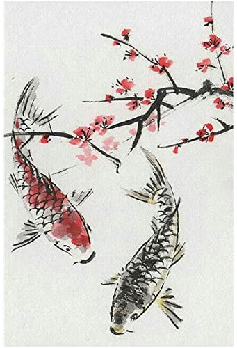 Eorntdy Leinwand-Wandkunst, Koi- und Pflaumenblüten, Leinwanddruck, Kunstwerk, chinesischer Stil, Wandkunst, Gemälde, moderner Bilddruck, ungerahmt für Wohnzimmer, Wohnkultur, 76.2x114.3 cm