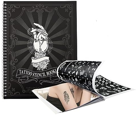 Album Airbrush Tattoos Schablone, 20 Blatt 400+ Stück Temporäre Tattoo Schablonen Album, Glitter Tattoo Schablonen Männer Frauen Körperkunst Muster Temporäre Tattoo Vorlage für Airbrush(Schwarz)