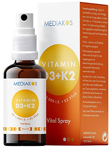 Mediakos® Vitamin D3 + K2 1.000 I.E. - Spray für Kinder & Erwachsene - Hochdosiertes & Geschmacksneutrales Vitamin D Präparat - Sonnenvitamine für Immunsystem, Zähne, Muskeln und Knochen (20ml)