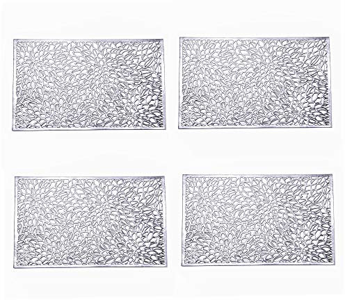 Feyarl PVC Platzsets Abwaschbar Tischsets Rechteckige Gepresste Spitzen-Platzdeckchen platzteller Hitzebeständig rutschfest platzsets 4 Stück (Silber)
