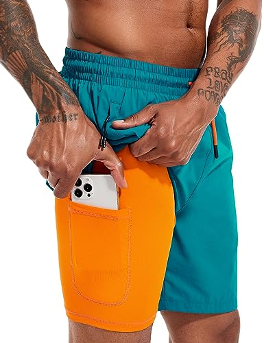 Atforna Badehose Herren Lang Badeshorts mit Kompression Liner Schnelltrocknend Board Shorts mit Reißverschlusstasche Atmungsaktiv Strandshorts für Männer Pfauenblau XL