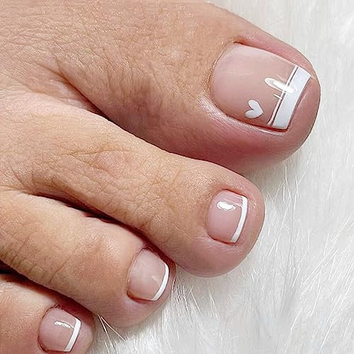 24 Pièces Presse française sur les ongles de pied Faux ongles en forme de coeur Faux ongles carrés courts Faux ongles blancs brillants Faux ongles pour femmes et filles