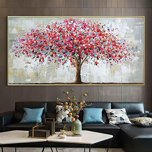 Yayun Art Abstrakte rote bunte große Baumlandschaft, großes Bild für Heimdekoration, Gemälde auf Leinwand für Wohnzimmer, Schlafzimmer, 80 x 180 cm/31 x 71 Zoll mit goldenem Rahmen