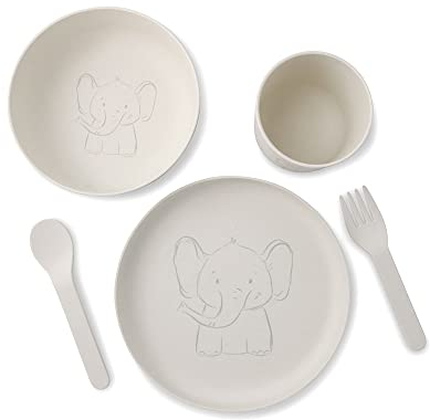 BIOZOYG 12x PLA Kinder-Geschirrset 5tlg I Frühstücksset spülmaschinengeeignet I Teller-Schüssel-Tasse Löffel und Gabel-Set I Geschenkideen für Kinder I lustiges Kindergeschirr mit Tiermotiv Elefant